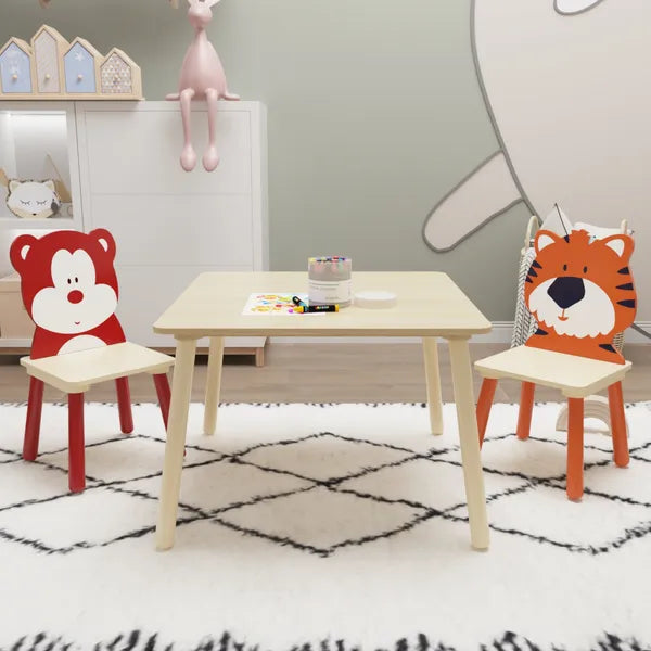 Kids Table And 2 Chairs Set, 3 Pieces Toddler Table And Chair Set, Wooden Activity Play Table Set - Bear&Tiger