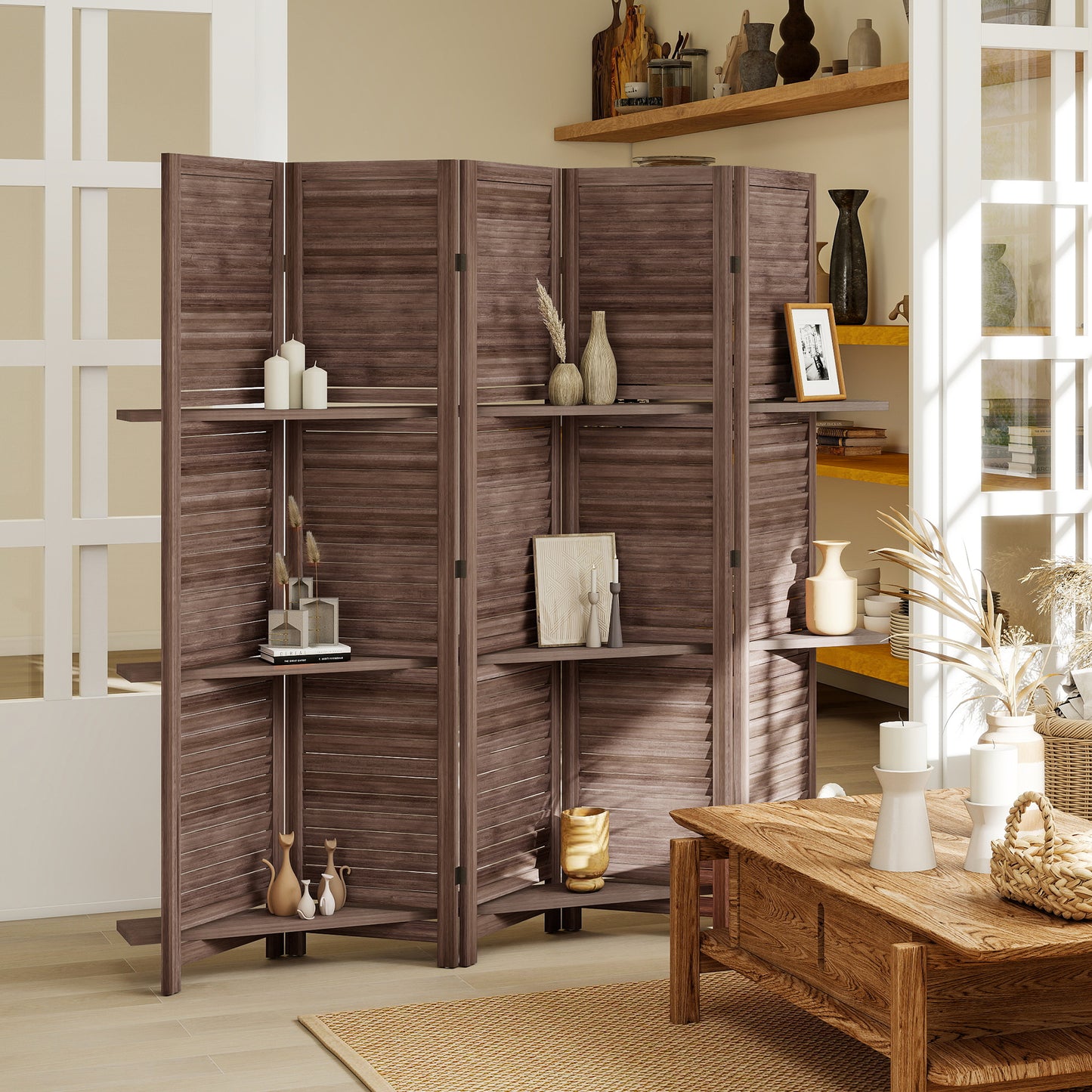 5 Panel 67" Tall Wood Privacy Screen Room Divider With 3 Shelves And Folding Storage For Bedroom, Walnut