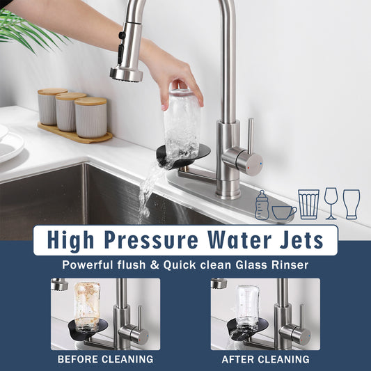 3-in-1 Kitchen Faucet With Press-Type Glass Rinser, High-Arc Pull-Down Sprayer Faucet, 3 Function Spray Mode, Brushed Nickel Finish, For Modern Kitchen Sink