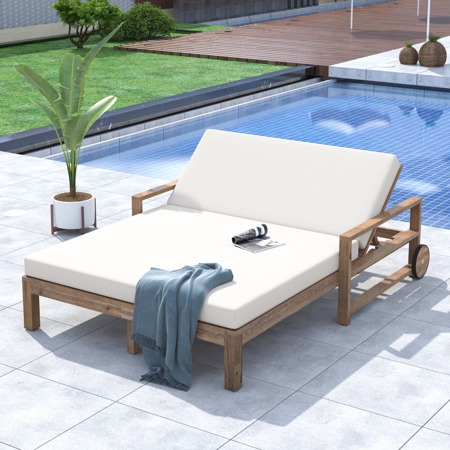TREXM 1-Piece Farmhouse-styled Wooden Outdoor Sunbed For Ultimate Relaxation Outdoor Daybed Seating 2 People For Poolside  Garden And Backyard  Beige