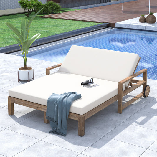 TREXM 1-Piece Farmhouse-styled Wooden Outdoor Sunbed For Ultimate Relaxation Outdoor Daybed Seating 2 People For Poolside  Garden And Backyard  Beige