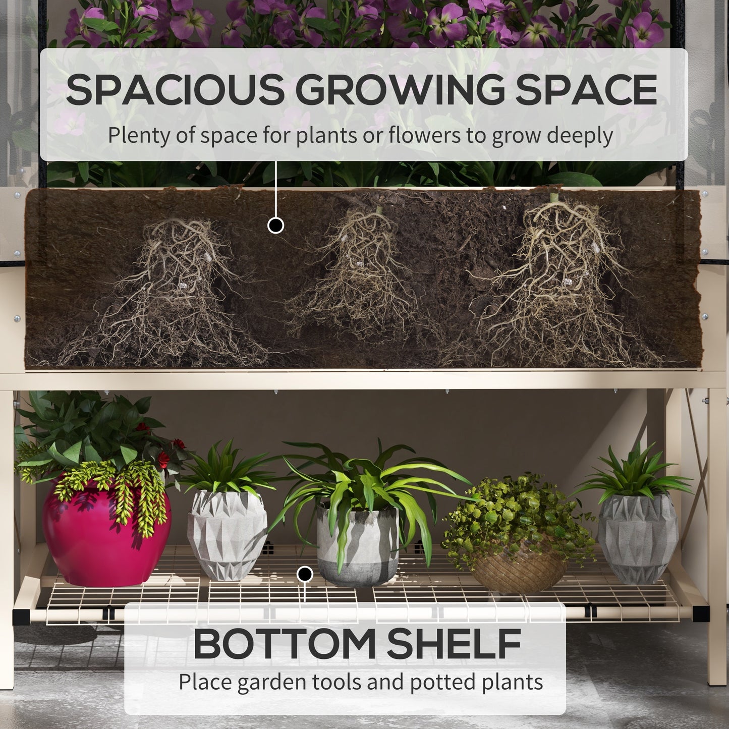 Raised Garden Bed With Legs And Cover, Metal Elevated Planter Box With Bottom Shelf And Liner For Vegetables, Cream
