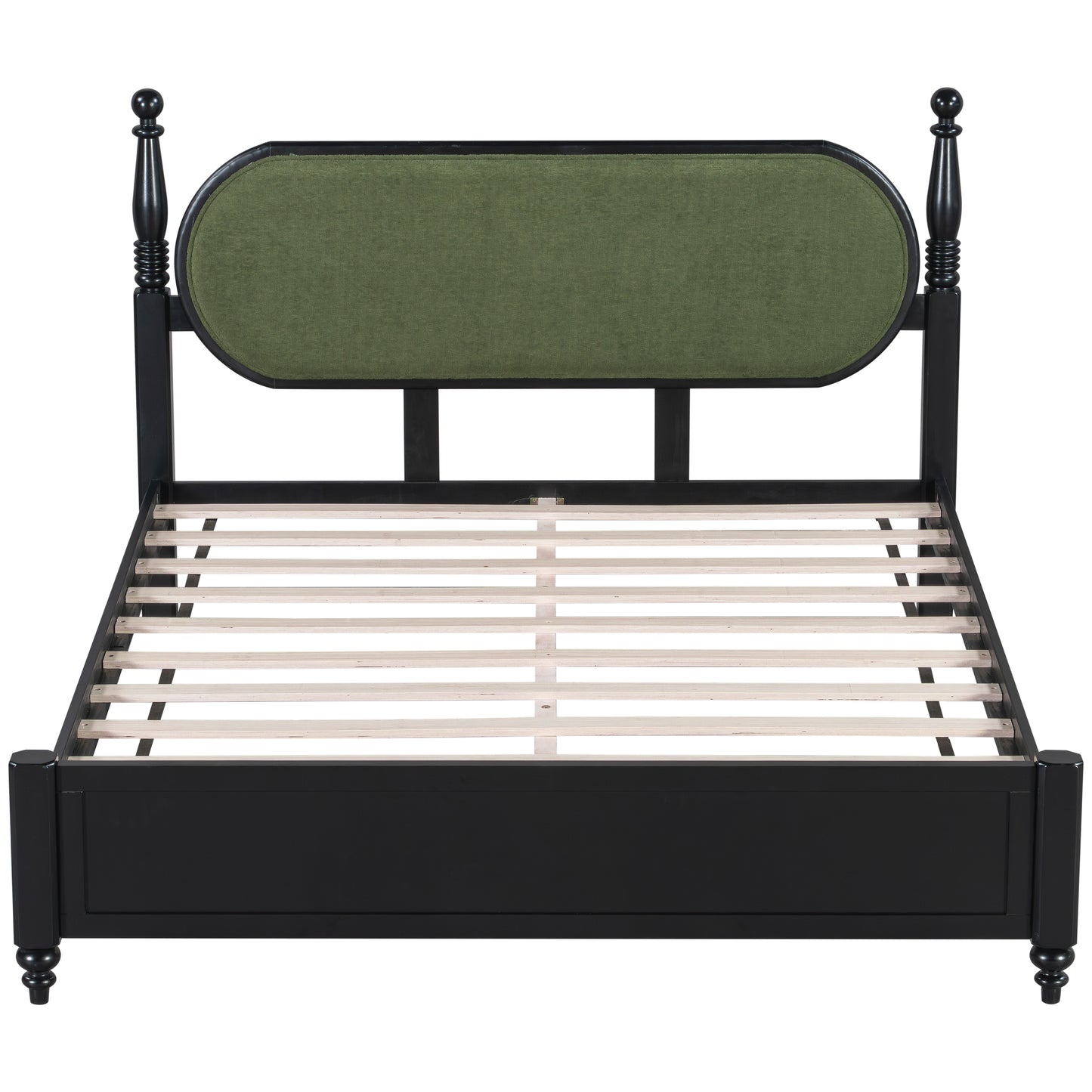 Queen Bed Frame, Solid Wood Platform With Slats, Green & Black Upholstered Headboard, Modern No Box Spring Needed