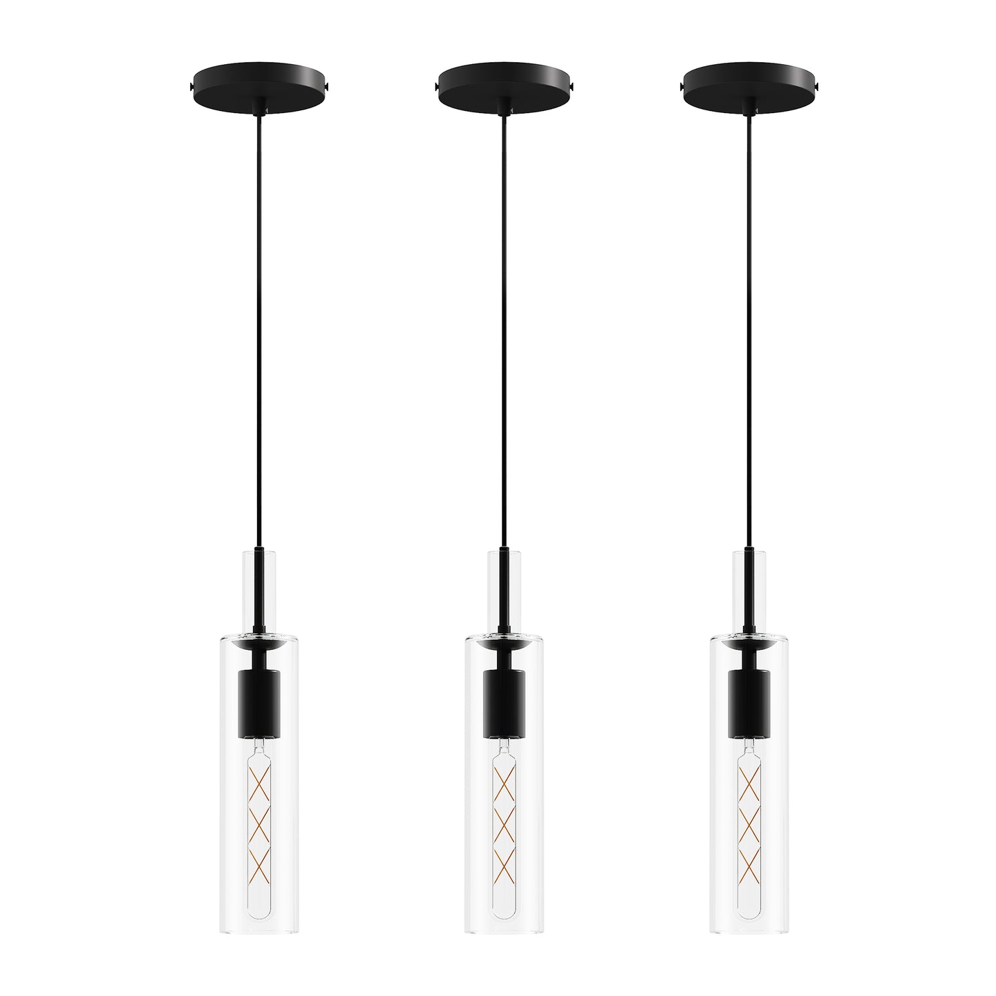 3 Pack Black Pendant Lights Kitchen Island  No Bulbs  Adjustable Modern Glass Pendant Light Over Island, Industrial Pendant Light Fixtures For Dining Room Hallway Bedroom Living Room