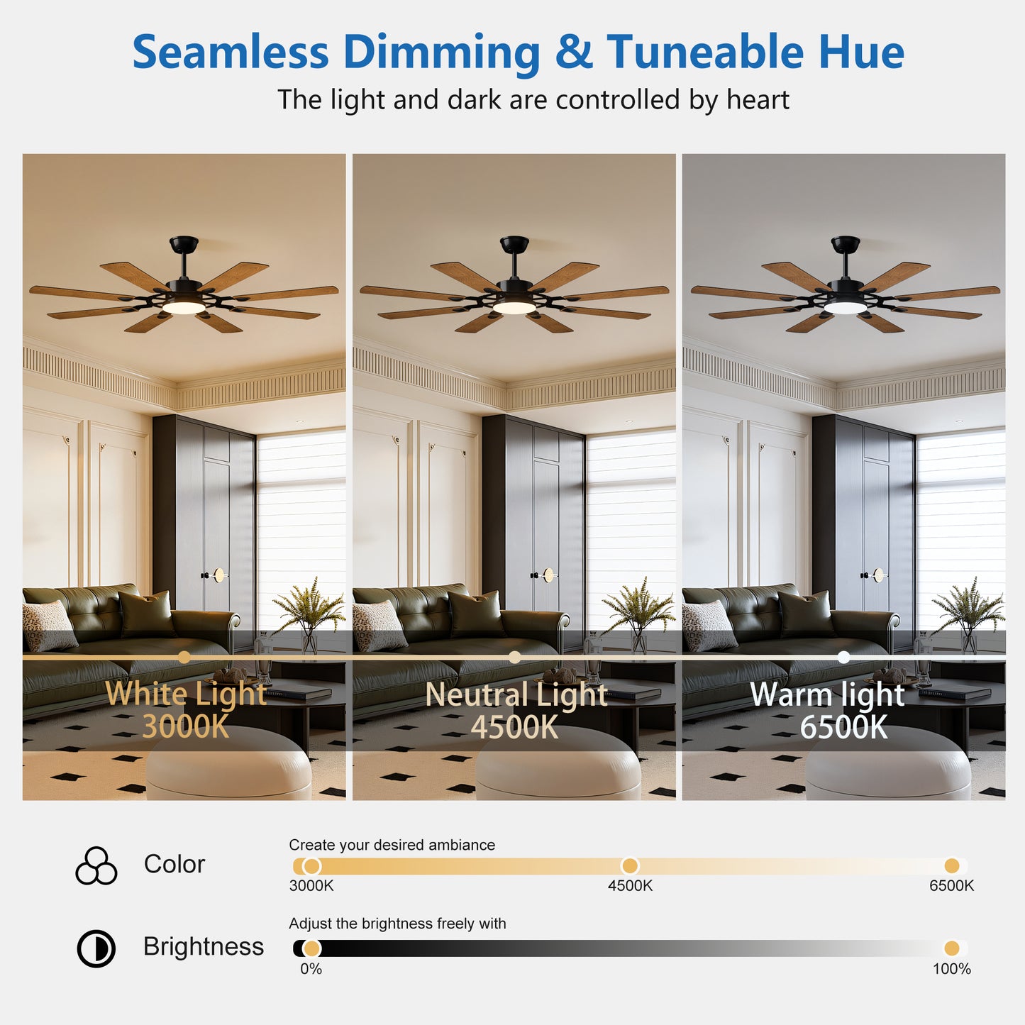 60 Inch Ceiling Fan With Lights And Remote Control, 8 Plywood Blades, 6-Speed Noiseless Reversible DC Motor, 3CCT, Windmill Ceiling Fan For Kitchen Bedroom Living Room, Black