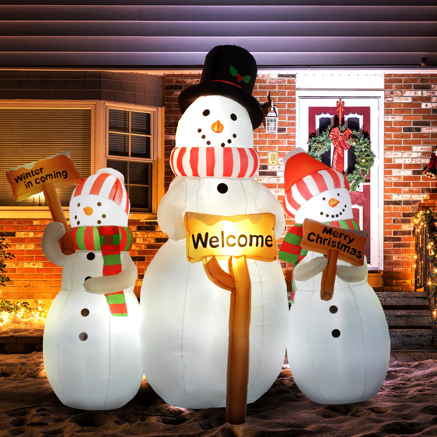 6.1' Inflatable Three Snowmen With Sign Each, Blow-Up Outdoor Christmas Display W/ LED Lights For Party