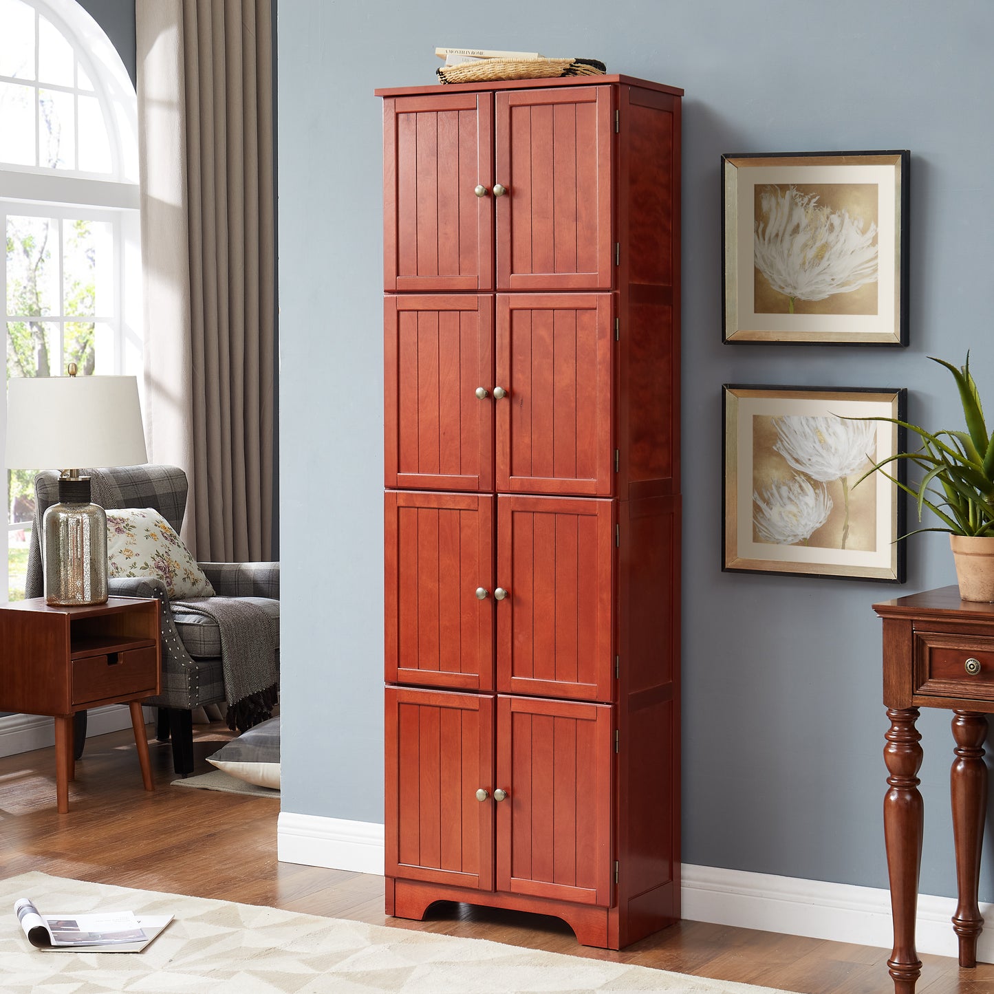 72.4  Tall Storage Cabinet Tall Storage Cabinet With 8 Doors And 4 Shelves ,Bookshelf Living Room, Kitchen, Dining Room, Office  Freestanding Storage Cabinet,Cherry