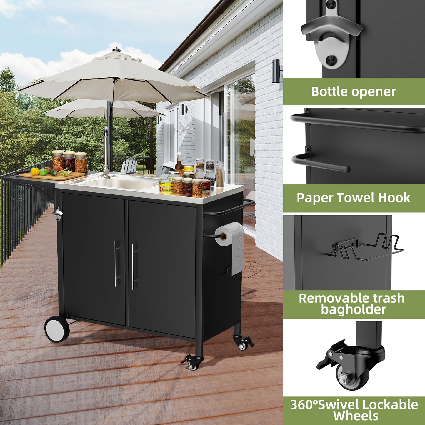 Outdoor Grill Table With Sink, Metal Worktable Kitchen Cabinet Island With Foldable Top And Storage Cabinet, Rolling Grill Cart With Wheels For Garden, Backyard And Lawn