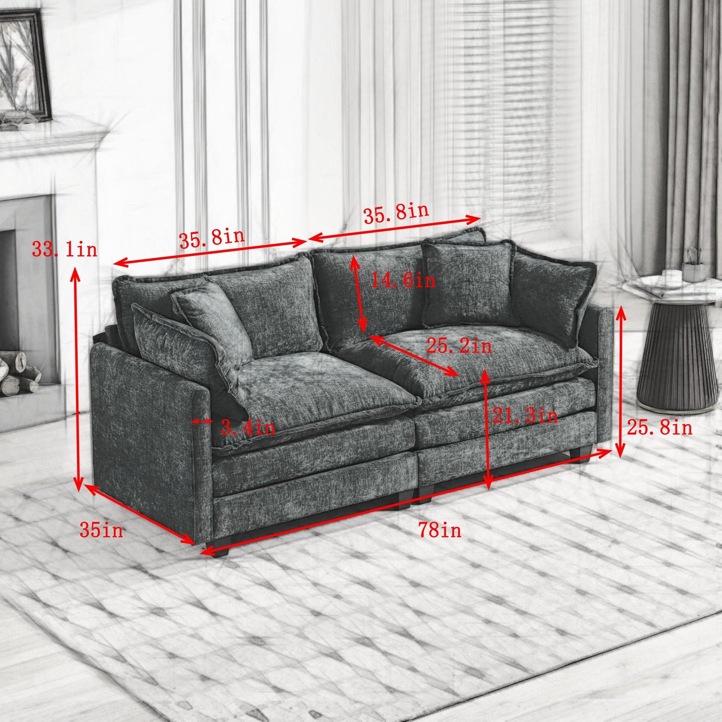 Cloud Sofa LoveSeat Ottoman Is Not Included, Modern Sectional Couch, For Living Room Bedroom And Apartment, Comfy Double Layer Upholstered Seat Cushion, Breathable Chenille Fabric, Green,SW5012GN