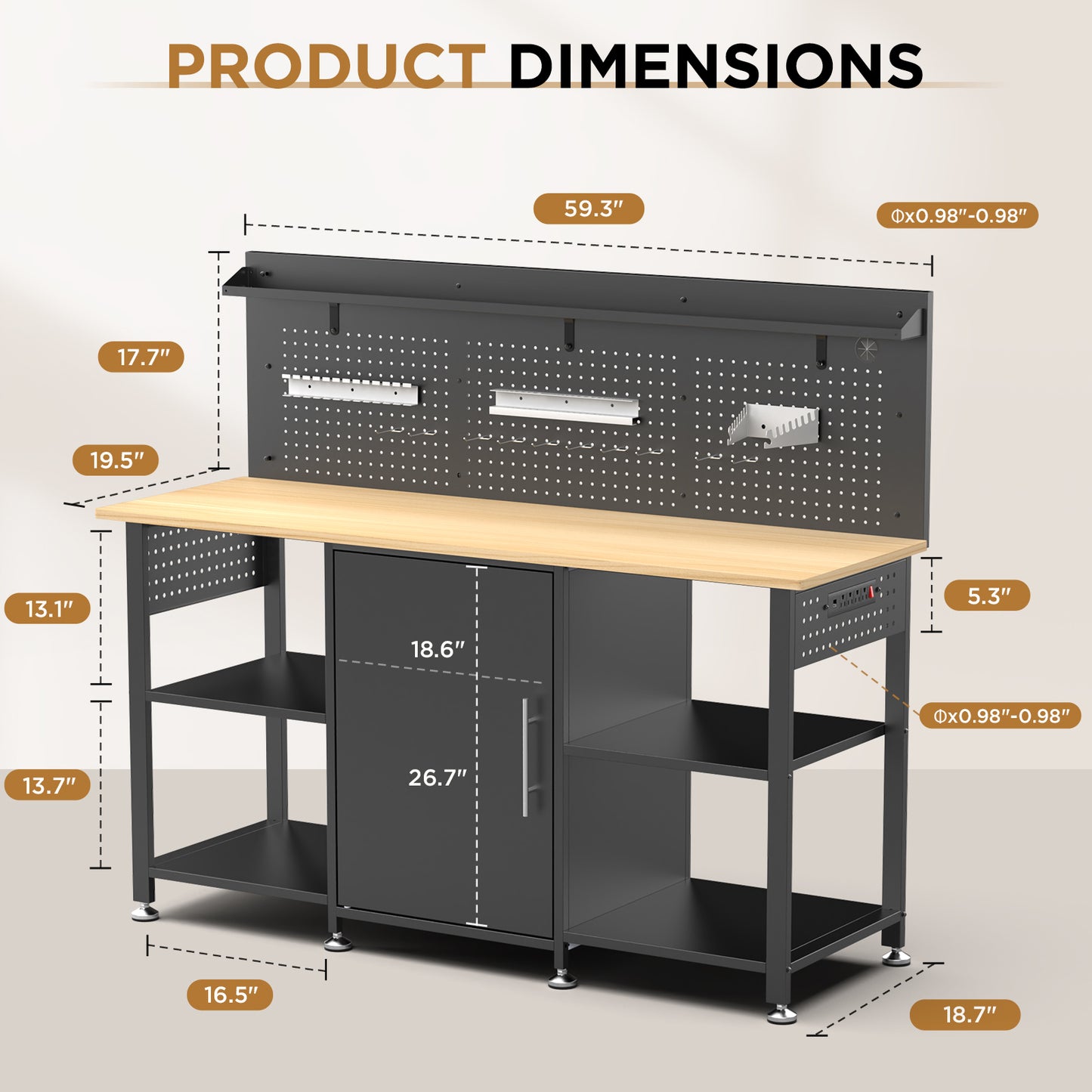 60 Inch Heavy Duty Workbench With Storage Cabinet, Wooden Top, 2000 Lbs Capacity, Large Garage Work Table With Pegboard, Power Outlet