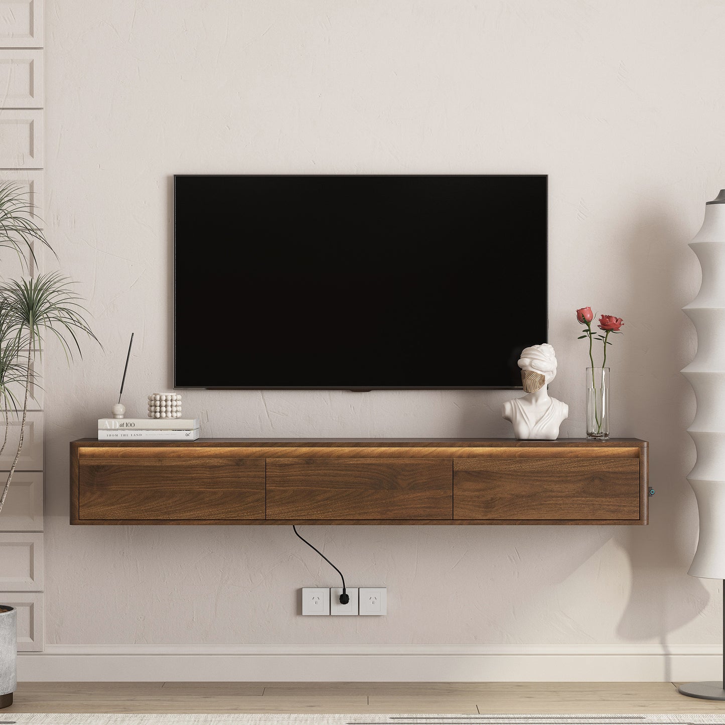 Floating TV Stand, Wall Mounted TV Shelf With Led Lights & Power Outlet, Cabinet For Wood Tv Stands For Living Room