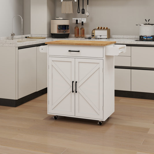 Kitchen Island Rolling Trolley Cart With Adjustable Shelves & Towel Rack & Seasoning Rack Rubber Wood Table Top-White