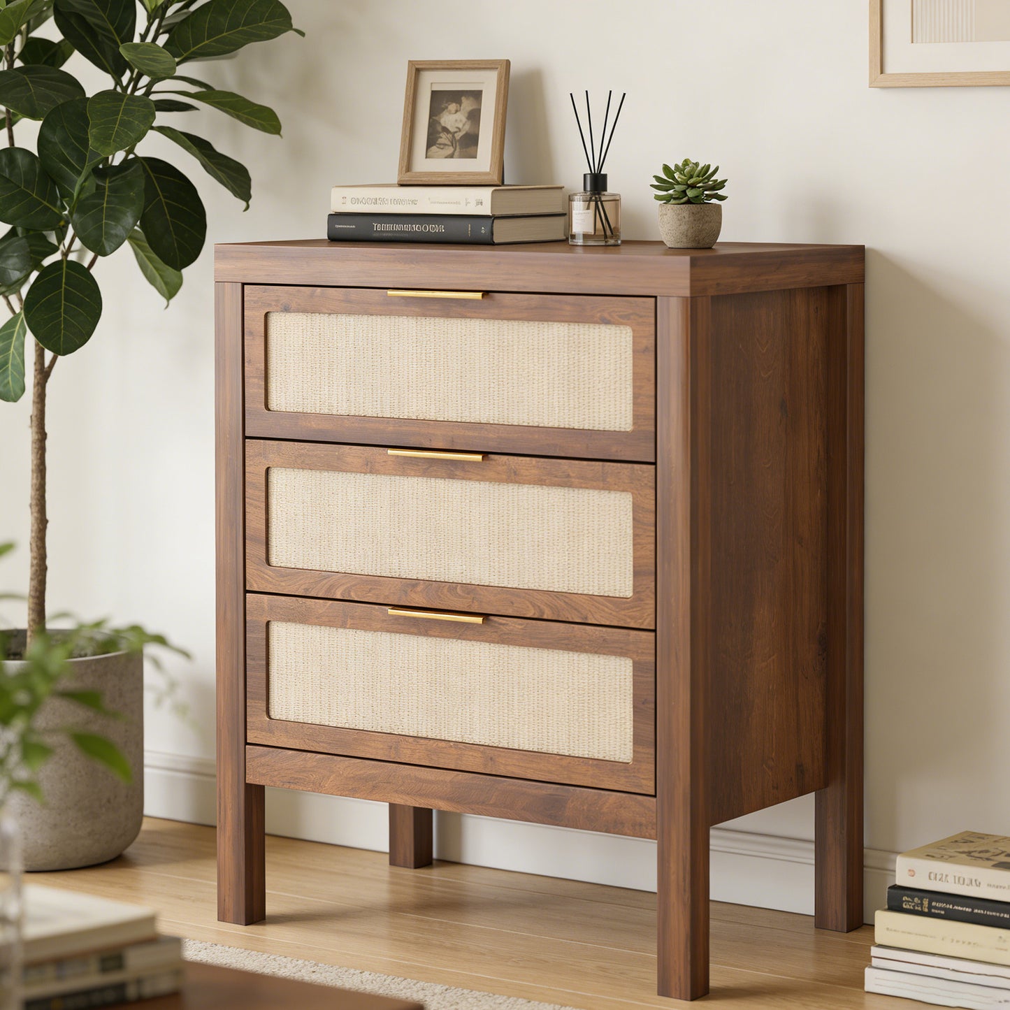 Bedside Table Chest Of Drawers Large Capacity Storage Drawer Design Multifunctional Wooden Night Stand For Bedroom Hallway Entryway Walnut Color