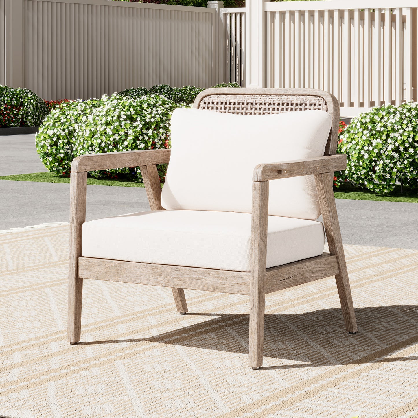 Outdoor Acacia Wood Patio Club Chair, Patio Furniture,Waterproof Thick Cushion Deep Seating For Porch, Garden, Backyard, Balcony, Weight Capacity 400lbs, Light Brown Finish, Cream Cushion