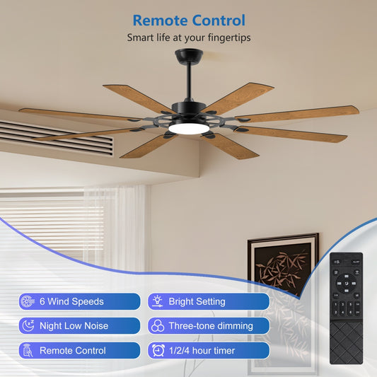 72-Inch 8-Blade Large Ceiling Fan,Reversible Quiet DC Motor,Indoor Outdoor Modern Ceiling Fan,Suitable For Kitchen,Living Room And Terrace,Black.