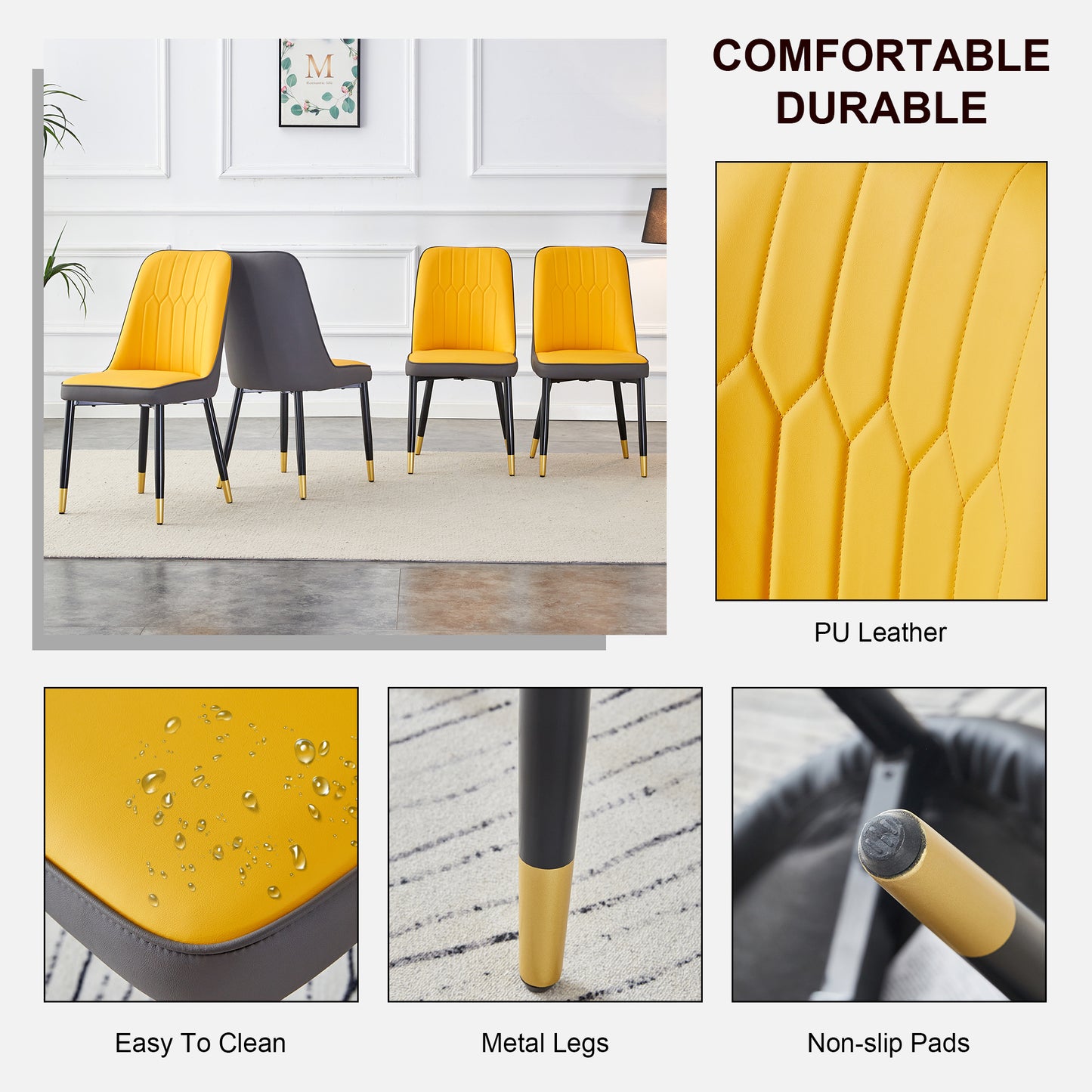 A Modern Dining Chair With Orange Yellow Dark Gray Dual Tone PU Leather Backrest And Black Metal Legs, Suitable For Kitchens, Bedrooms, And Offices. Set Of 4 Pieces  Orange Yellow, Dark Gray PU C-007