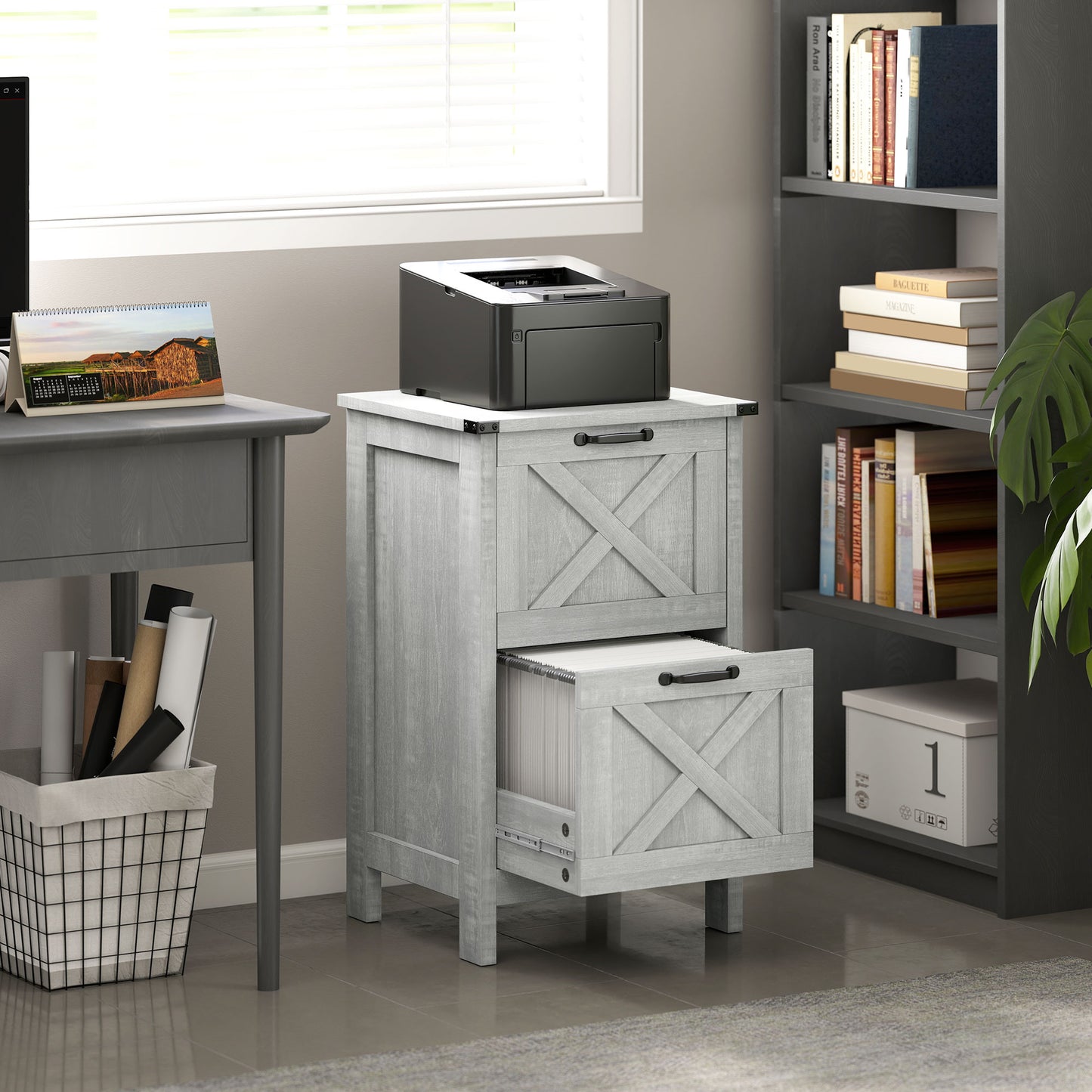 Vertical File Cabinet With 2 Drawers, Rustic Farmhouse Office Storage Cabinet For A4, Letter Size, Distressed Light Gray