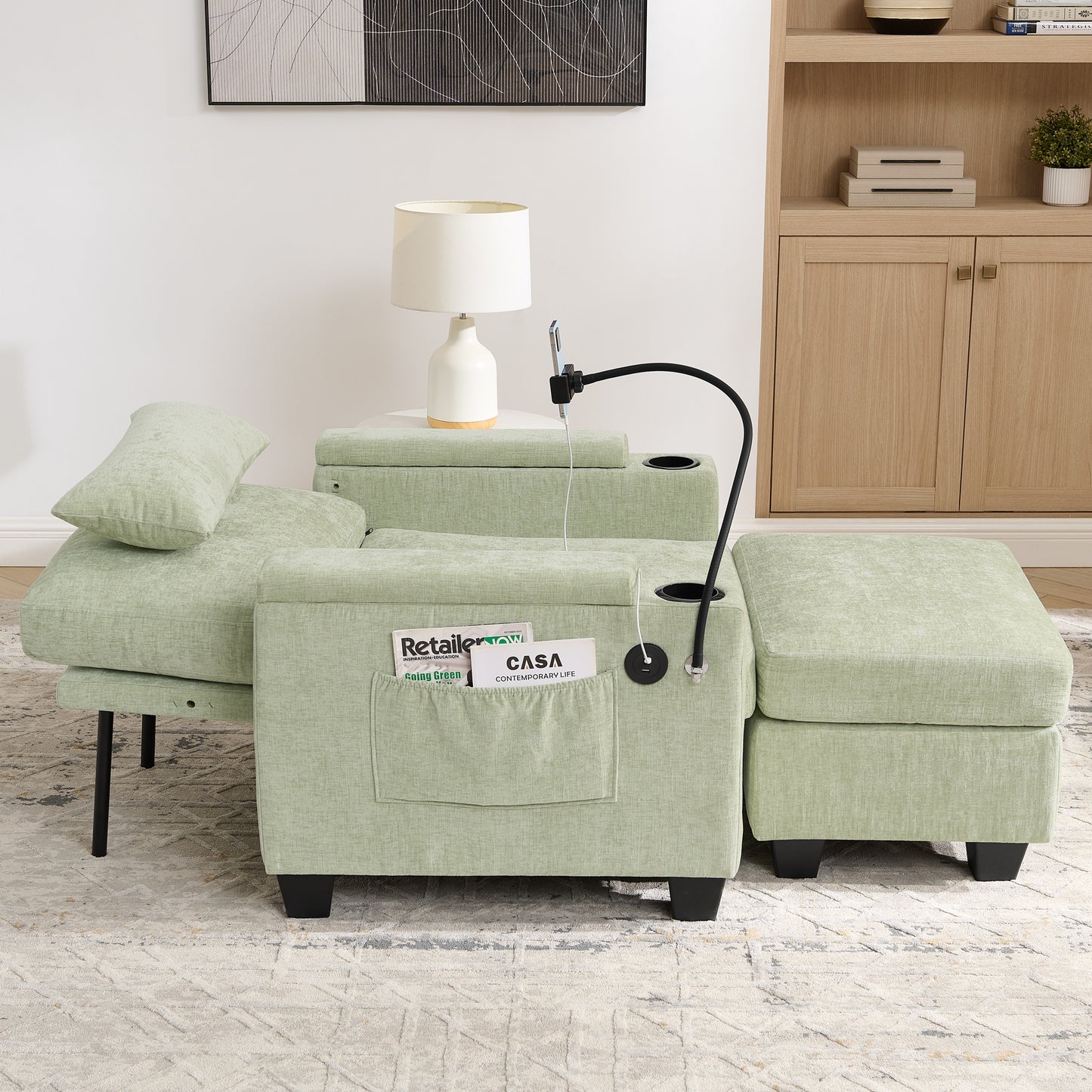 Single Sofa Recliner With Manually Adjustable Backrest, USB Charging Port On The Armrest Side, Phone Stand Included, Hidden Armrest Storage, And A Matching Storage Ottoman-Cyan