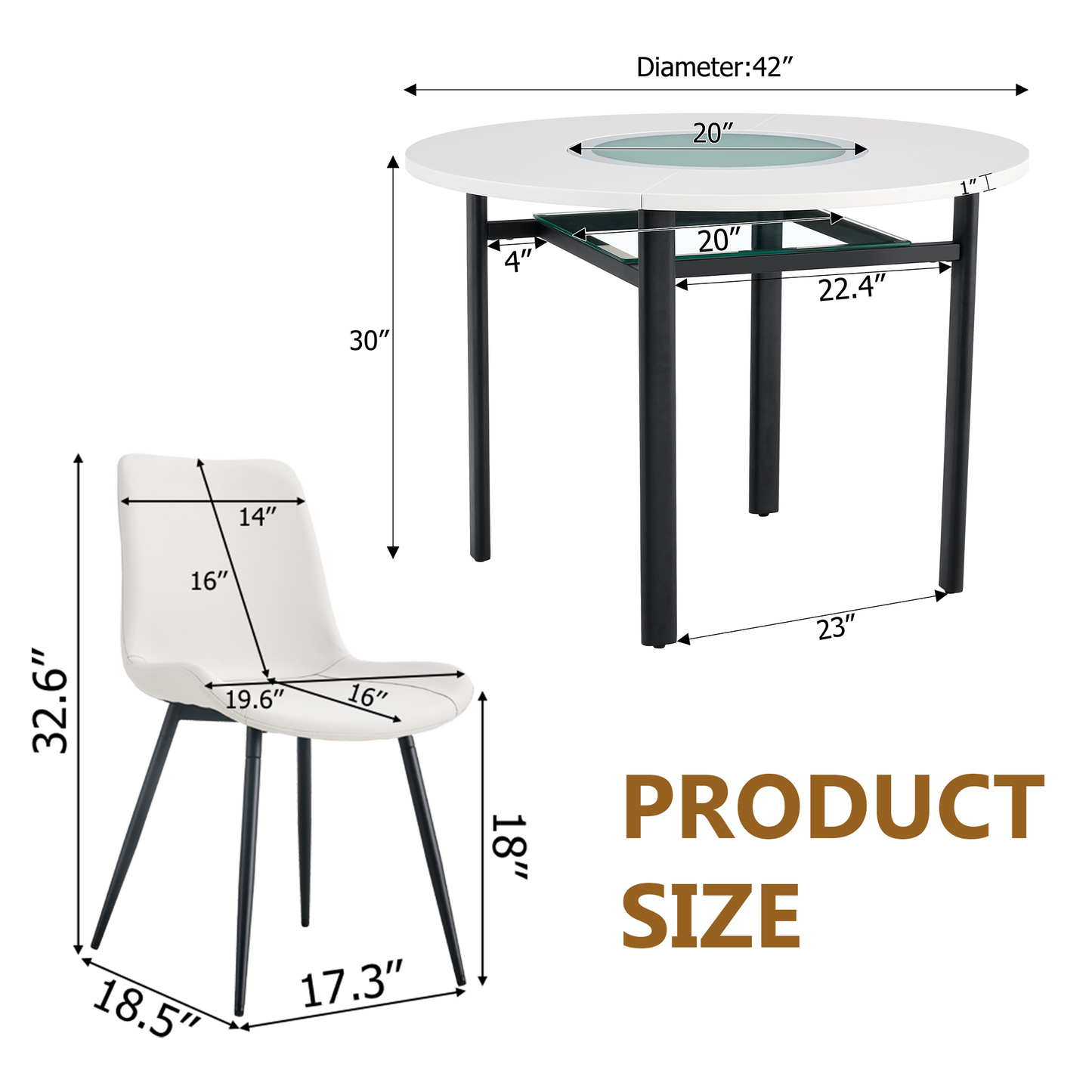 Table And Chair Set.42 Inch Modern Minimalist White Desktop Round Dining Table Set.Paired With 6 White Artificial PU Chairs With Curved Widened Cushion Design.Suitable For Dining Rooms,office,etc.