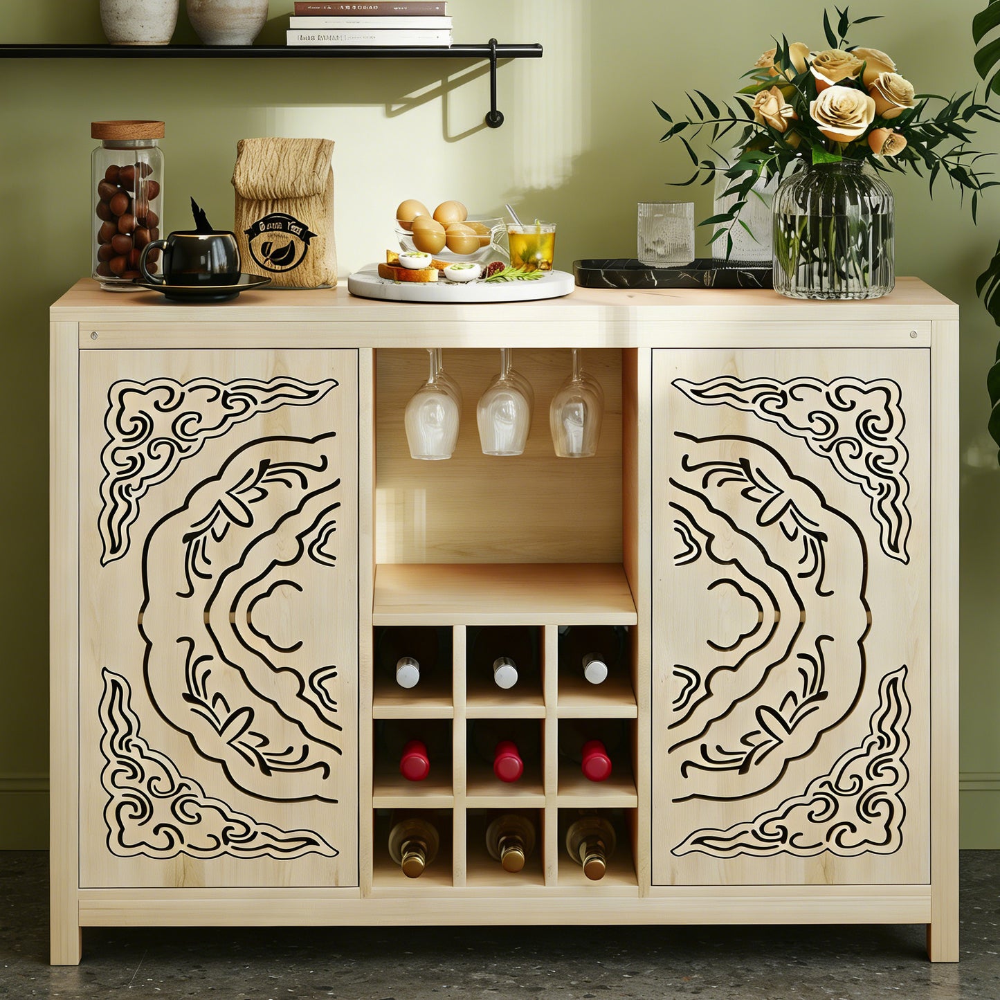 Wine Bar Cabinet With 2 Doors Buffet Storage Liquor Cabinet With Wine Rack And Glass Holder For Living Dining Room Kitchen