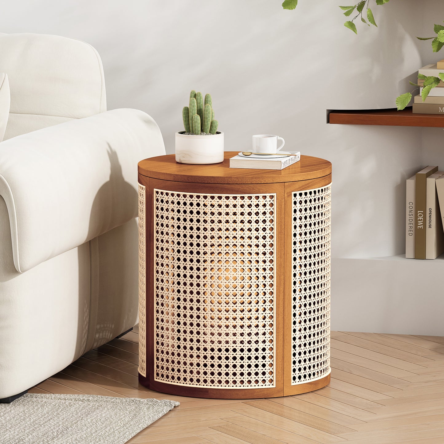 15.70  Round End Table, Hollow Woven Side Table, Small Rubber Wood Nightstand, Rattan Woven Tea Desk, Round Wood Tabletop, Chic Home Decor Desk, Easy Assembly, Ochre Color