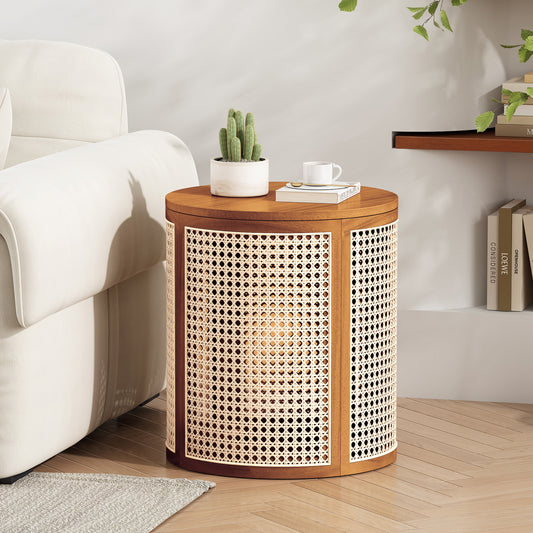 15.70  Round End Table, Hollow Woven Side Table, Small Rubber Wood Nightstand, Rattan Woven Tea Desk, Round Wood Tabletop, Chic Home Decor Desk, Easy Assembly, Ochre Color
