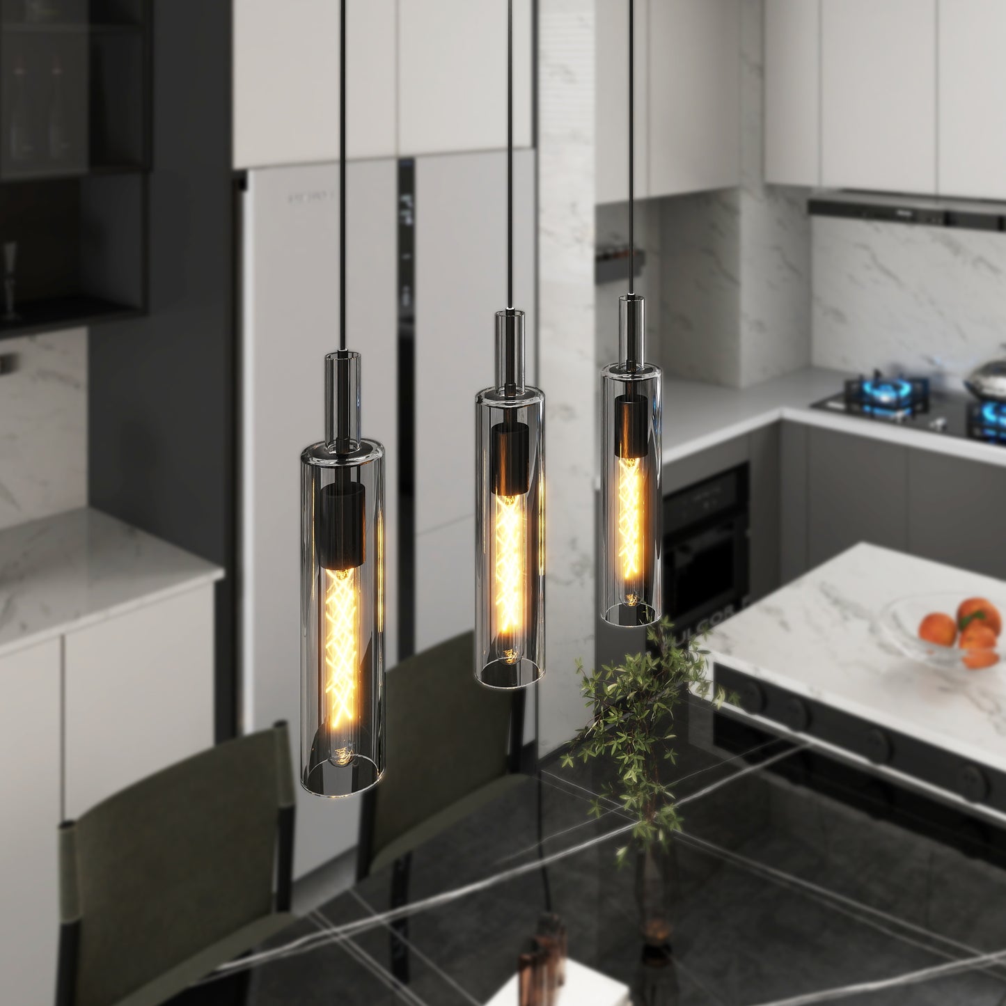 3 Pack Black Pendant Lights Kitchen Island  No Bulbs  Adjustable Modern Glass Pendant Light Over Island, Industrial Pendant Light Fixtures For Dining Room Hallway Bedroom Living Room