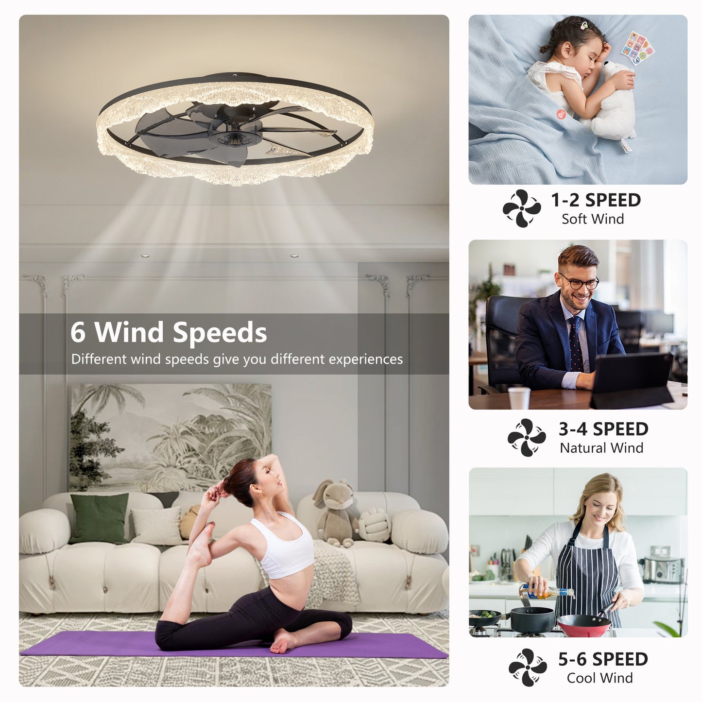 24 Decorative LED Ceiling Fan Light  Modern Flush Mount With Acrylic Ring, Hidden Blades, Remote Control, And Dimmable Light For Stylish Homes  Black