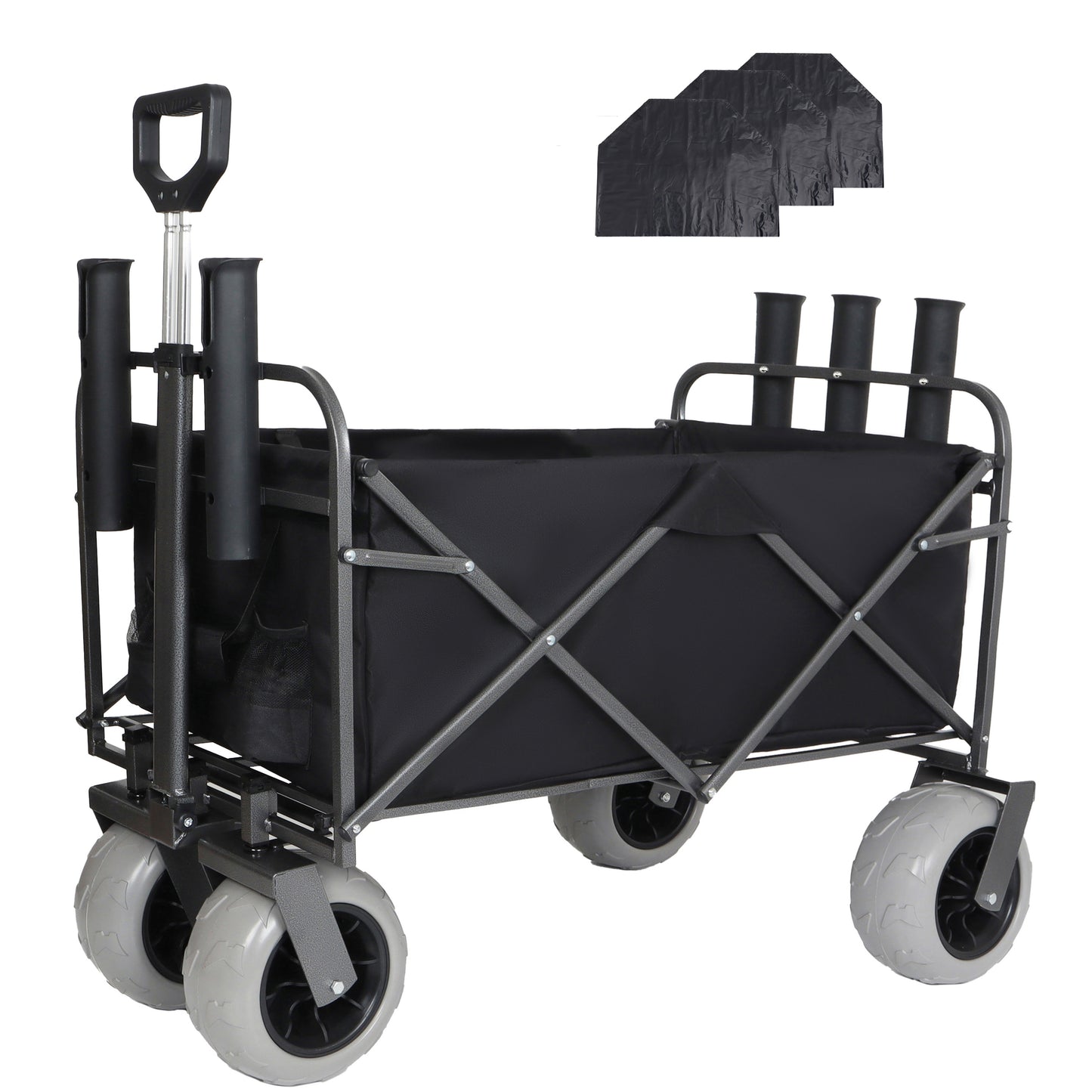 Fishing Cart With Rod Holders Beach Wagon With Big Wheels For Sand 500lbs Capacity -  All Terrain Steel Frame Utility Cart With 9  Pneumatic Tires Strap With Multiuse Bag Black