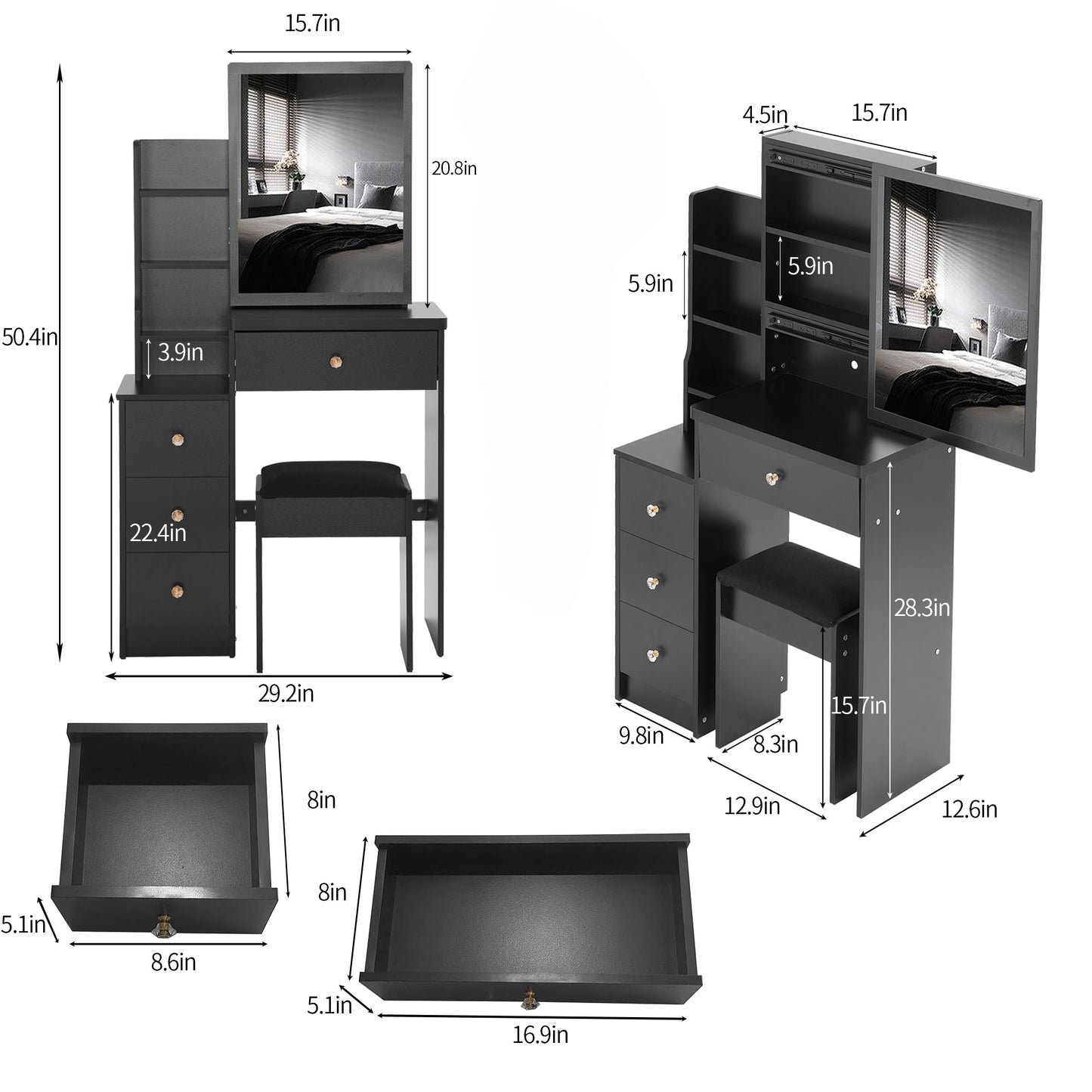 29.2 Small Space Left Bedside Cabinet Vanity Table  Cushioned Stool, Extra Large Right Sliding Mirror, Multi Layer High Capacity Storage, Practical Fashionable Dresser, Suitable For Small Space
