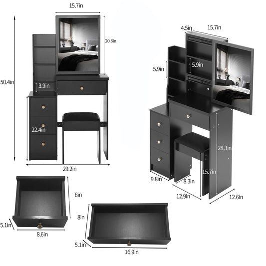29.2 Small Space Left Bedside Cabinet Vanity Table  Cushioned Stool, Extra Large Right Sliding Mirror, Multi Layer High Capacity Storage, Practical Fashionable Dresser, Suitable For Small Space