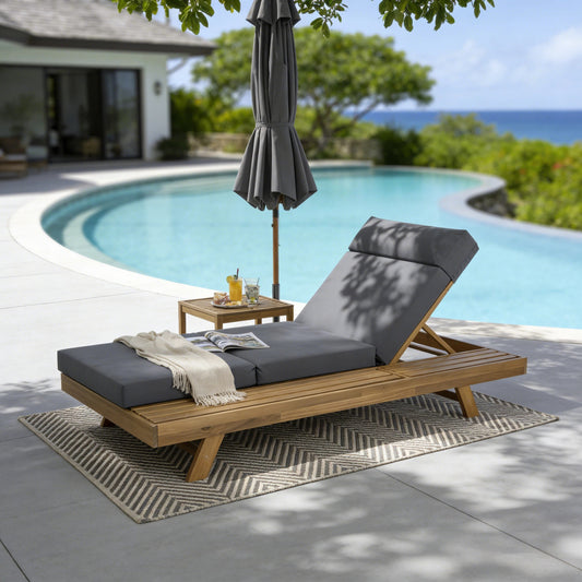 Lounge Chaise Set With Headrest, Space Available On One Side, Acacia Wood In Light Brown With Water-Resistant Lounge Cushions  Dark Grey & 3-Fold & 4 Inch  -Matching Cream Beige Version Available