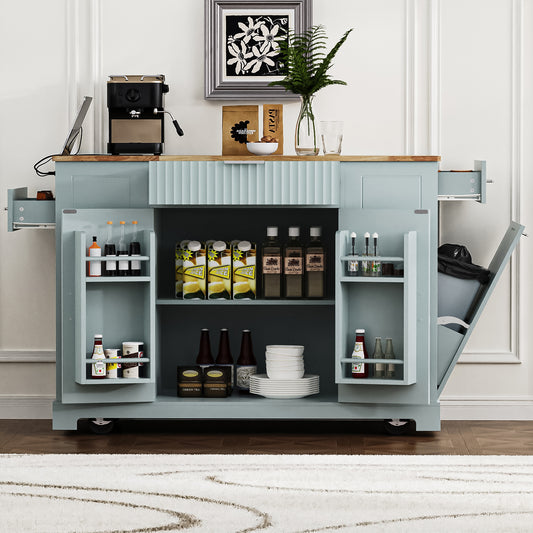 K&K Fluted Kitchen Island With Trash Can Storage Cabinet, Power Outlet, Internal Storage Rack, Rolling Kitchen Islands On 5 Wheels With 3 Drawer, 3 Open Side Racks For 10 Gallon Garbage Bin,Grey Blue