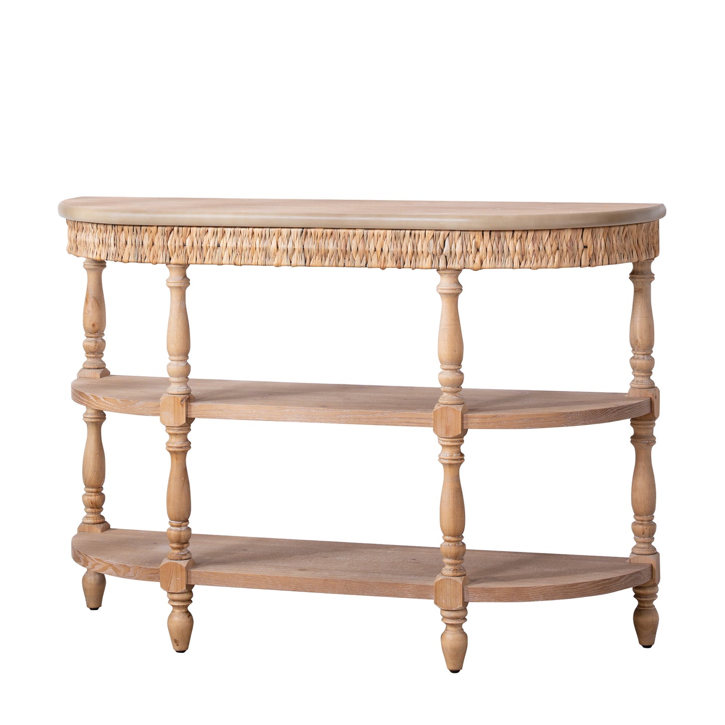 Handcrafted Wood Console Table With Hand-Woven Trim, 3-Tier Storage Shelves, Oval Entryway Table With Carved Legs, Rustic Coastal Farmhouse Accent Table, 49  Hallway Sofa Table