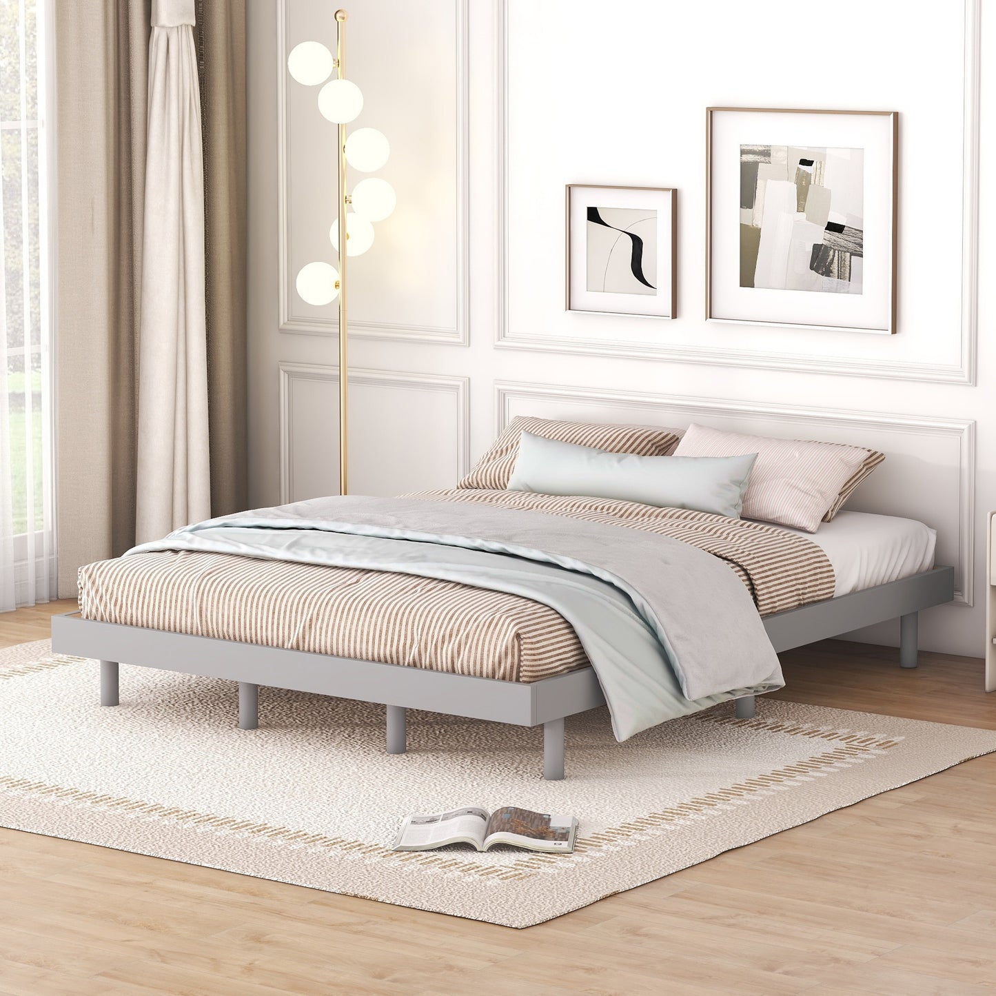 Modern Design Queen Floating Platform Bed Frame For Grey Color