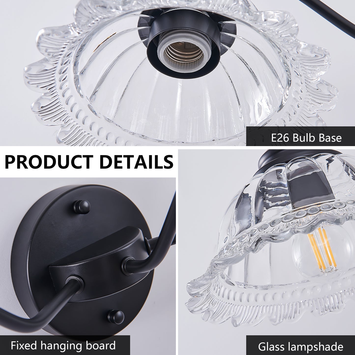 20 Inch 2-Light Vintage Bathroom Wall Sconce -- Elegant Black Metal And Glass Lampshade Vanity Light Fixture For Bathroom, Hallway, Or Bedroom  Bulb Not Included
