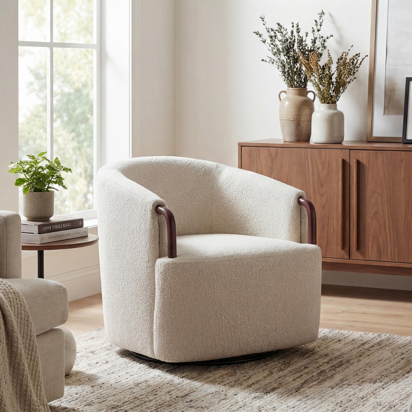 30  Modern Boucle Swivel Barrel Chair With Solid Wood Accents, Soft Durable Upholstery & 360 Swivel Base, Ideal For Living Room, Bedroom, Or Office