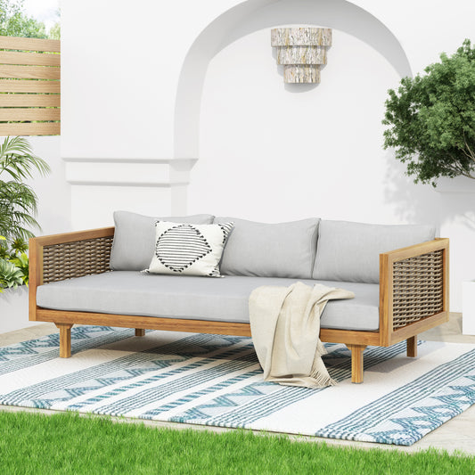 CLAREMONT 3 SEATER DAYBED WITH RATTAN ARMS  LIGHT GREY CUSHION