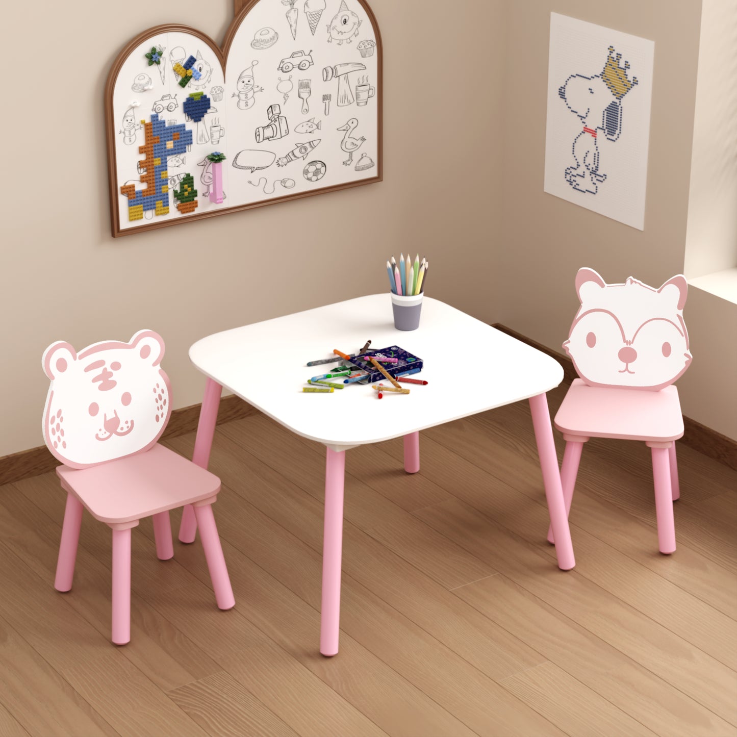 Kids Table And Chair Set, 3-Piece Wooden Toddler Desk With Animal Backrest, Activity Table For Drawing, Learning,Playroom Or Nursery Pink&White