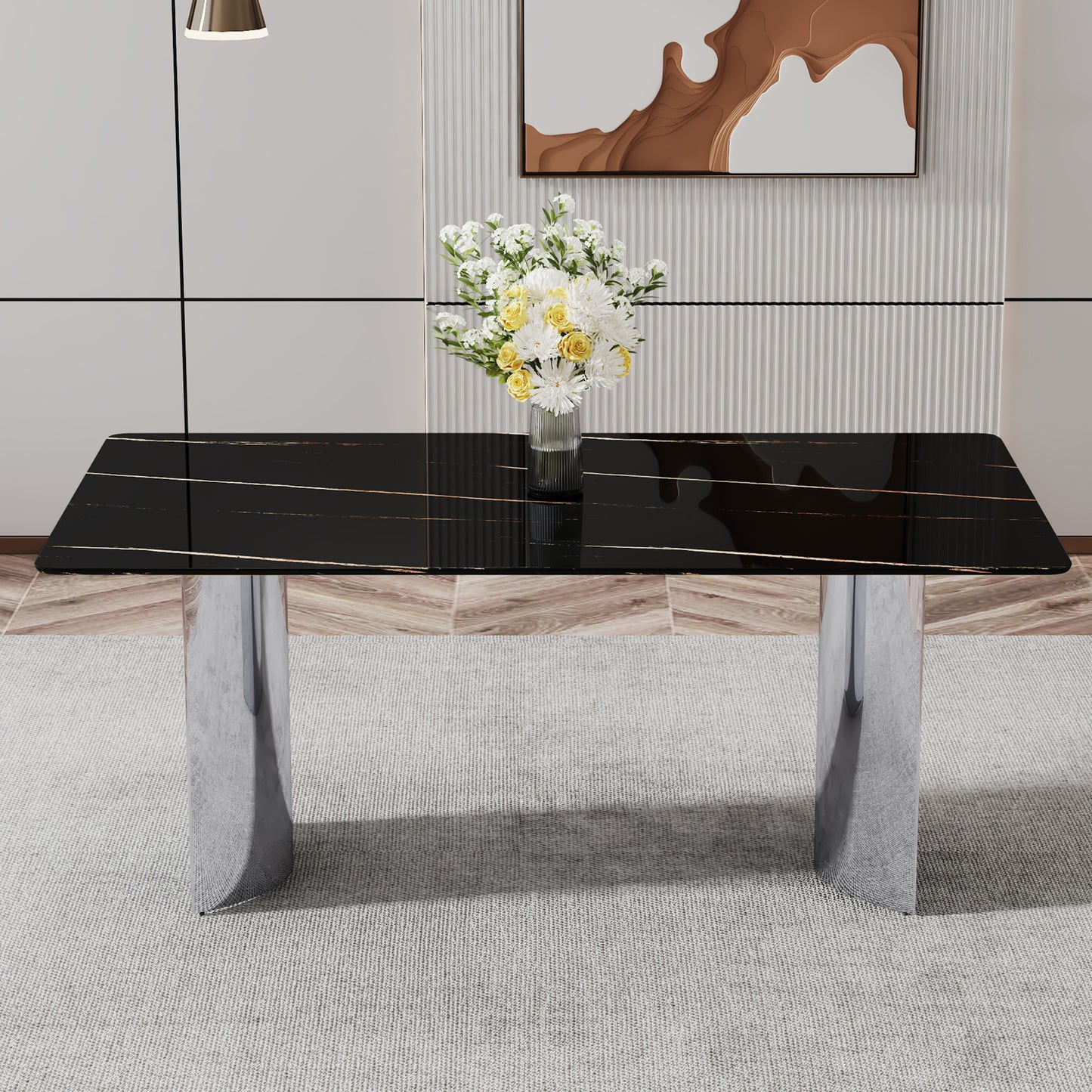 Modern Minimalist Dining Table. The Black Imitation Marble Glass Desktop Is Equipped With Silver Metal Legs. Suitable For Restaurants And Living Rooms 71  X39.3  X29.5  DT-69