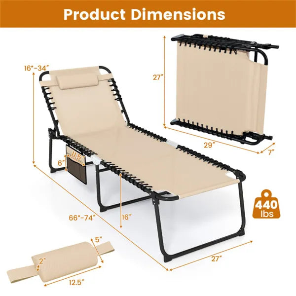 Oversized Patio Chaise Lounge, 27 Wide 4-Position Adjustable Backrest Folding Tanning Chair-Beige