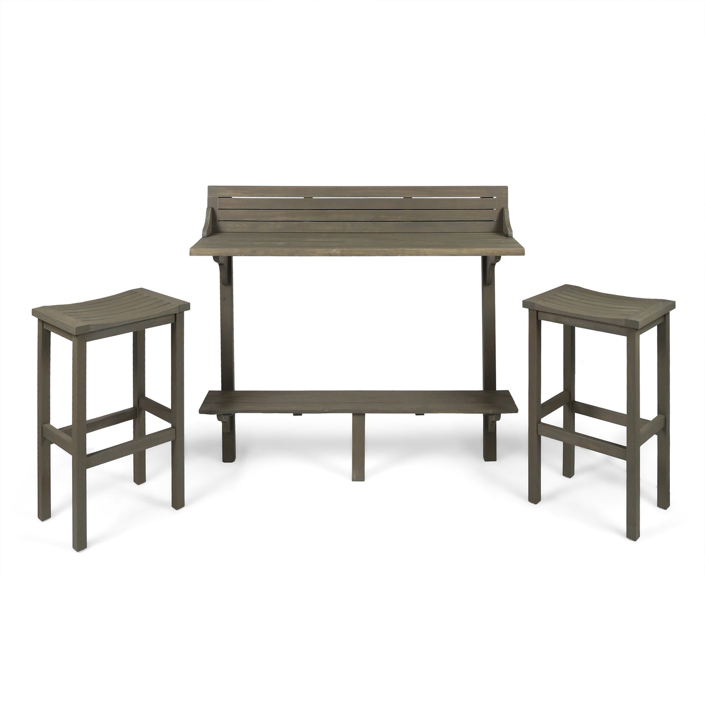 3 Piece Balcony Bar Set With Bottom Shelf Table And 2 Stools, Grey Finish