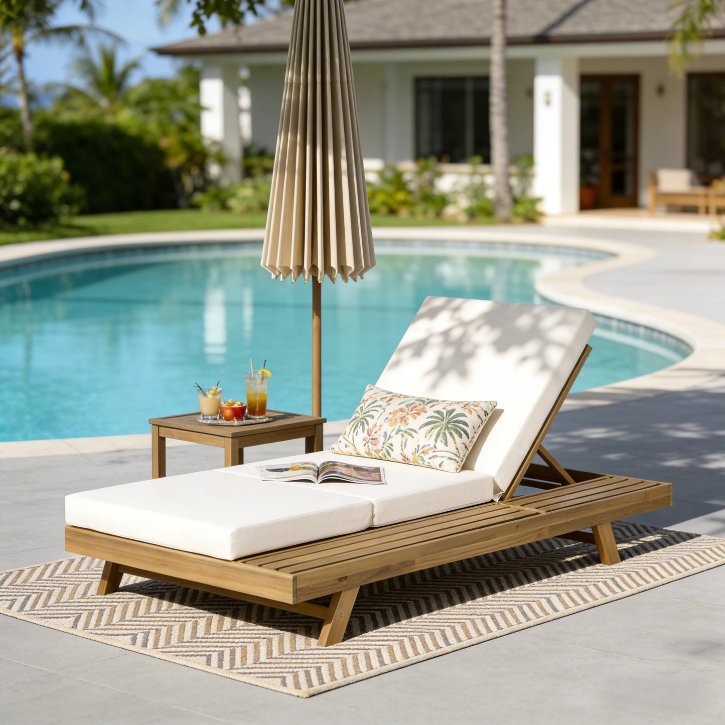 Lounge Chaise Set, Space Available On One Side, Acacia Solid Wood In Light Brown With Lounge Cushion  Cream & Triple Fold  -Matching Dark Grey Version Available