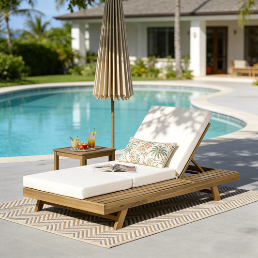 Lounge Chaise Set, Space Available On One Side, Acacia Solid Wood In Light Brown With Lounge Cushion  Cream & Triple Fold  -Matching Dark Grey Version Available