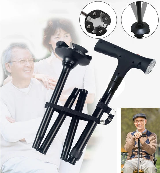 Collapsible Adjustable Height Cane With LED Light Alert Button Walking Stick