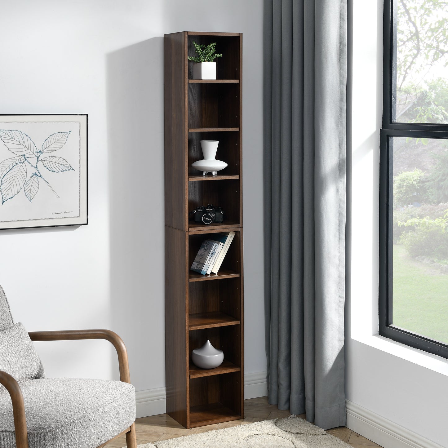 8-Tier Media Tower Rack, CD DVD Slim Storage Cabinet With Adjustable Shelves, Tall Narrow Bookcase Display Bookshelf For Home Office,Multi-functional Double-decker Bookcase