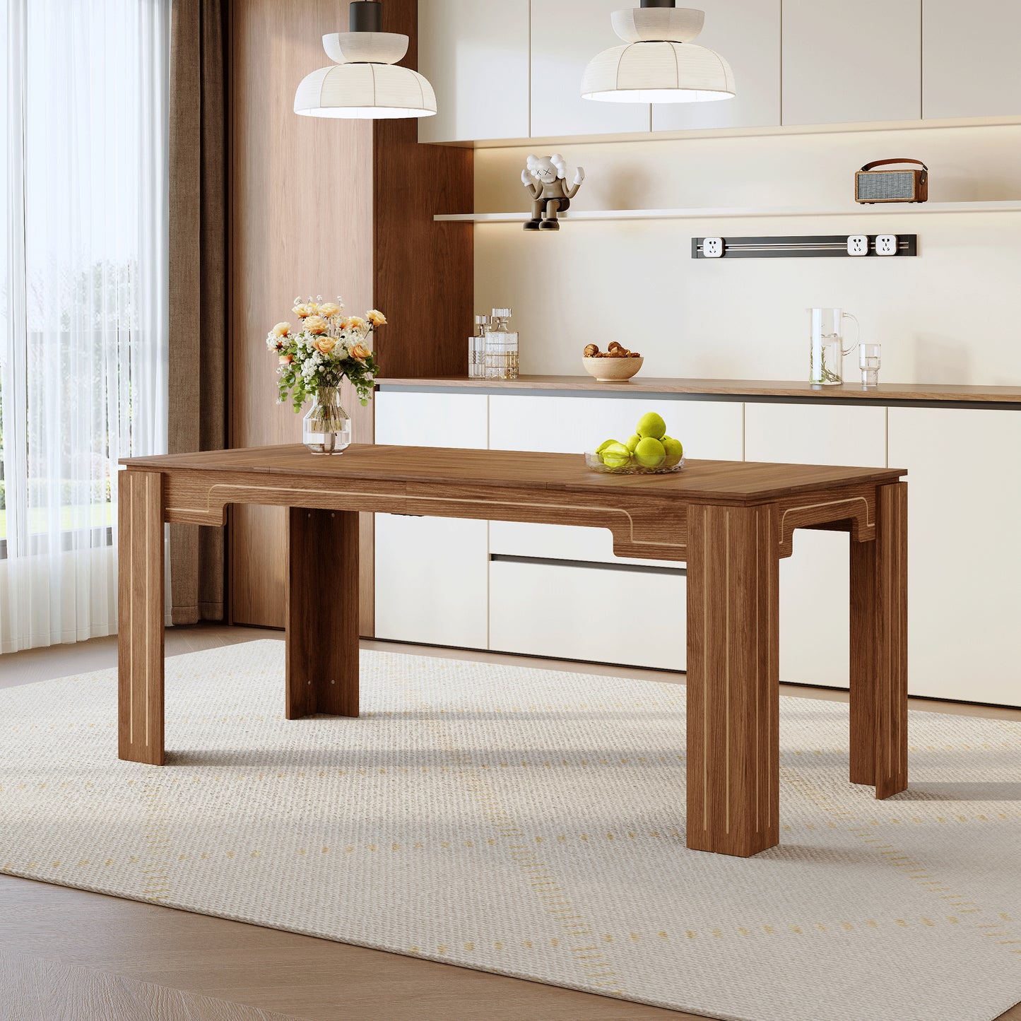 71 X 31.5 Inch Walnut MDF Spliced Tabletop Dining Table With Grooved Legs. Modern Luxury Home Dining Table, Suitable For 6-8 People. Flexible Adaptation To Dining Rooms, Living Rooms, Study Rooms,etc.