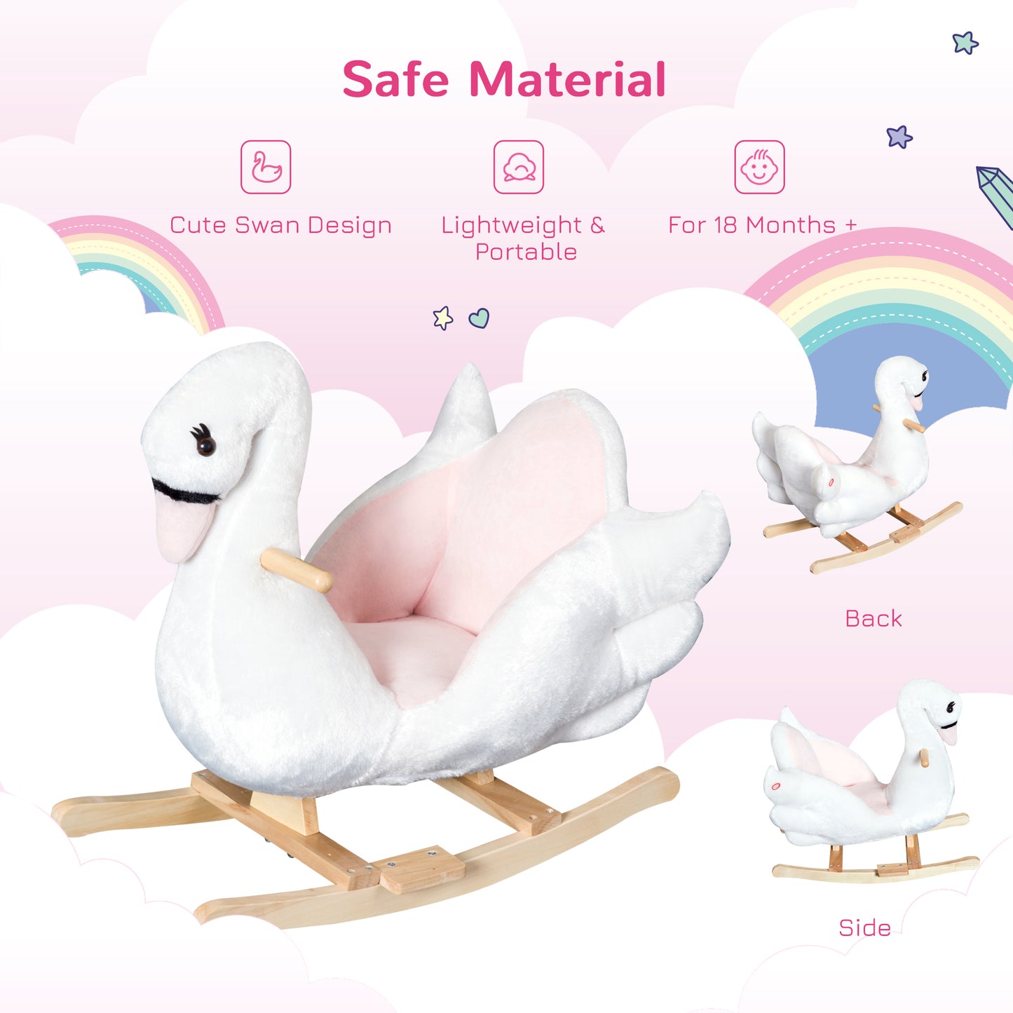 Kids Ride On Rocking Horse Plush Swan Style Toy With Music For Over 18 Months Children, White And Pink