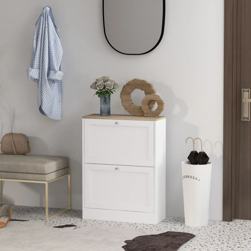 Slim Shoe Storage Cabinet, Modern Shoe Cabinet With 2 Flip Drawers And Adjustable Shelves For 8-12 Pairs, White