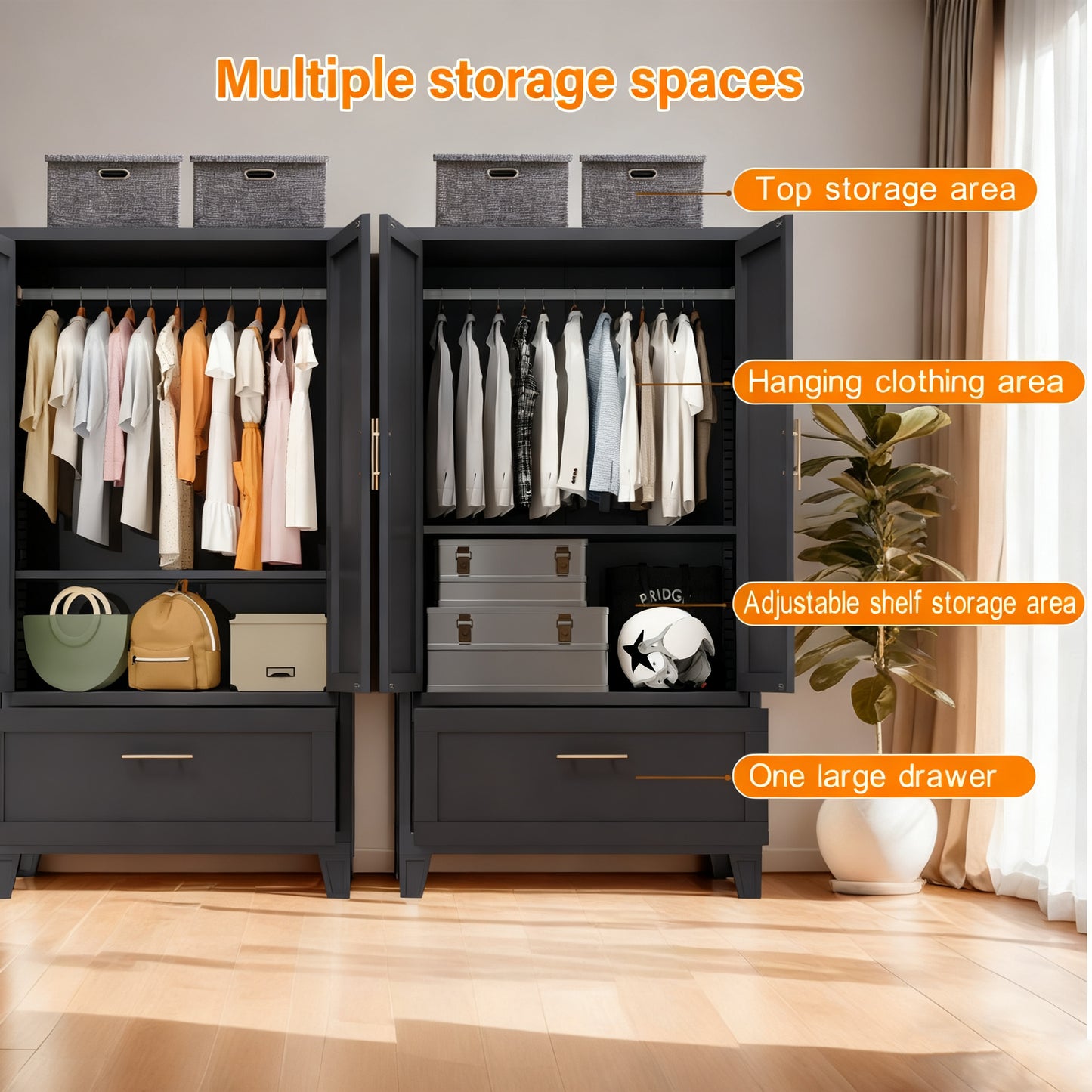 60inch Tall Metal Wardrobe Cabinet With 1 Drawer And Hanging Rod, 2 Doors Wardrobe Closet With Shelf For Bedroom, Office, Laundry Room,Entryway ,Foyer,Guesthouse Black